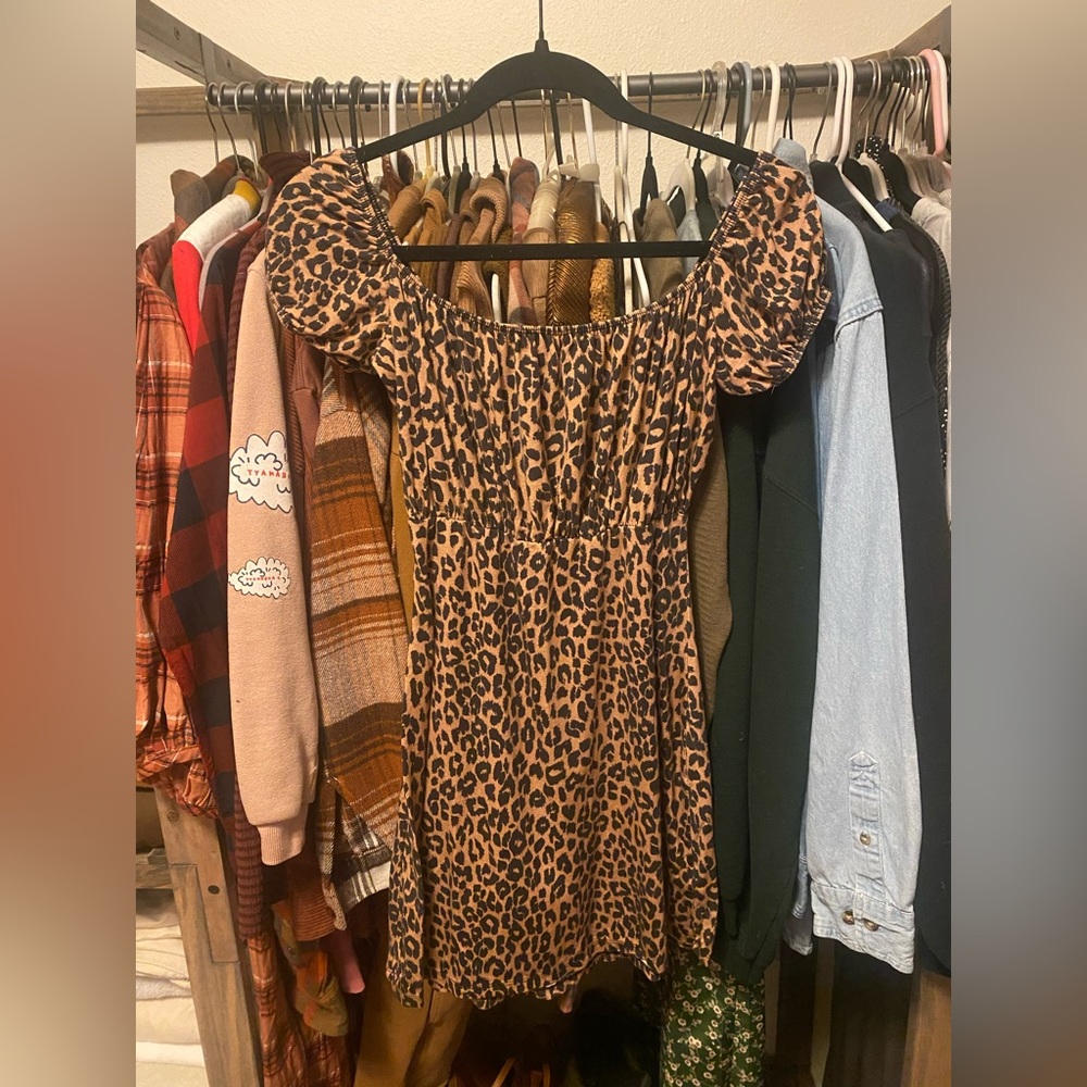 Reformation Off Shoulder Leopard Print Mini Dress